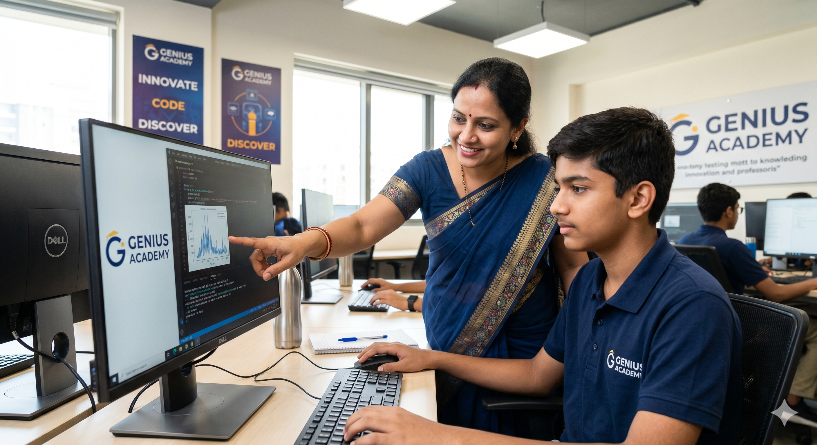 Indian teacher guiding a student at a computer at Genius Academy